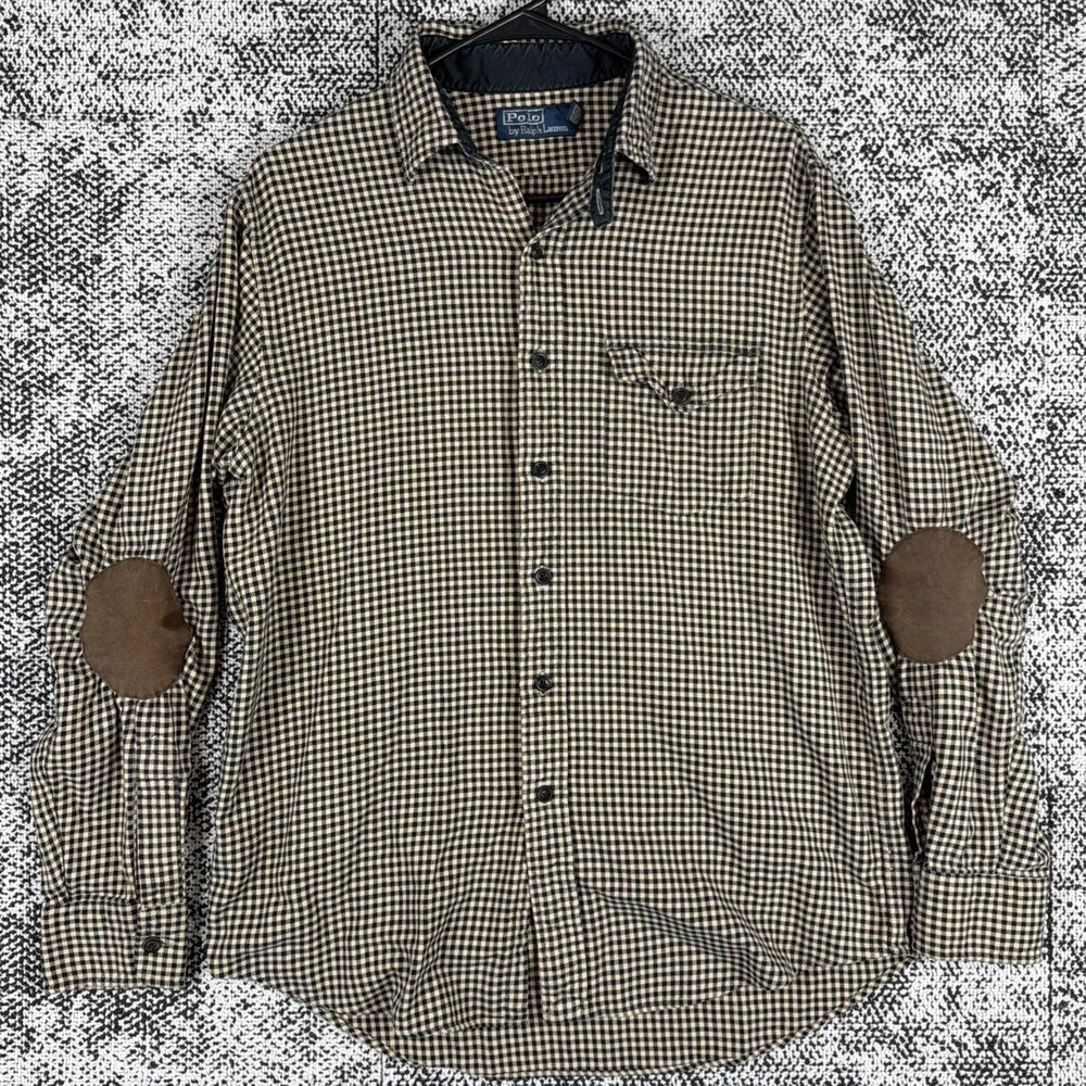Vintage Polo Ralph Lauren Flannel Shirt Mens Large Yellow‎ Gingham Elbow Pads